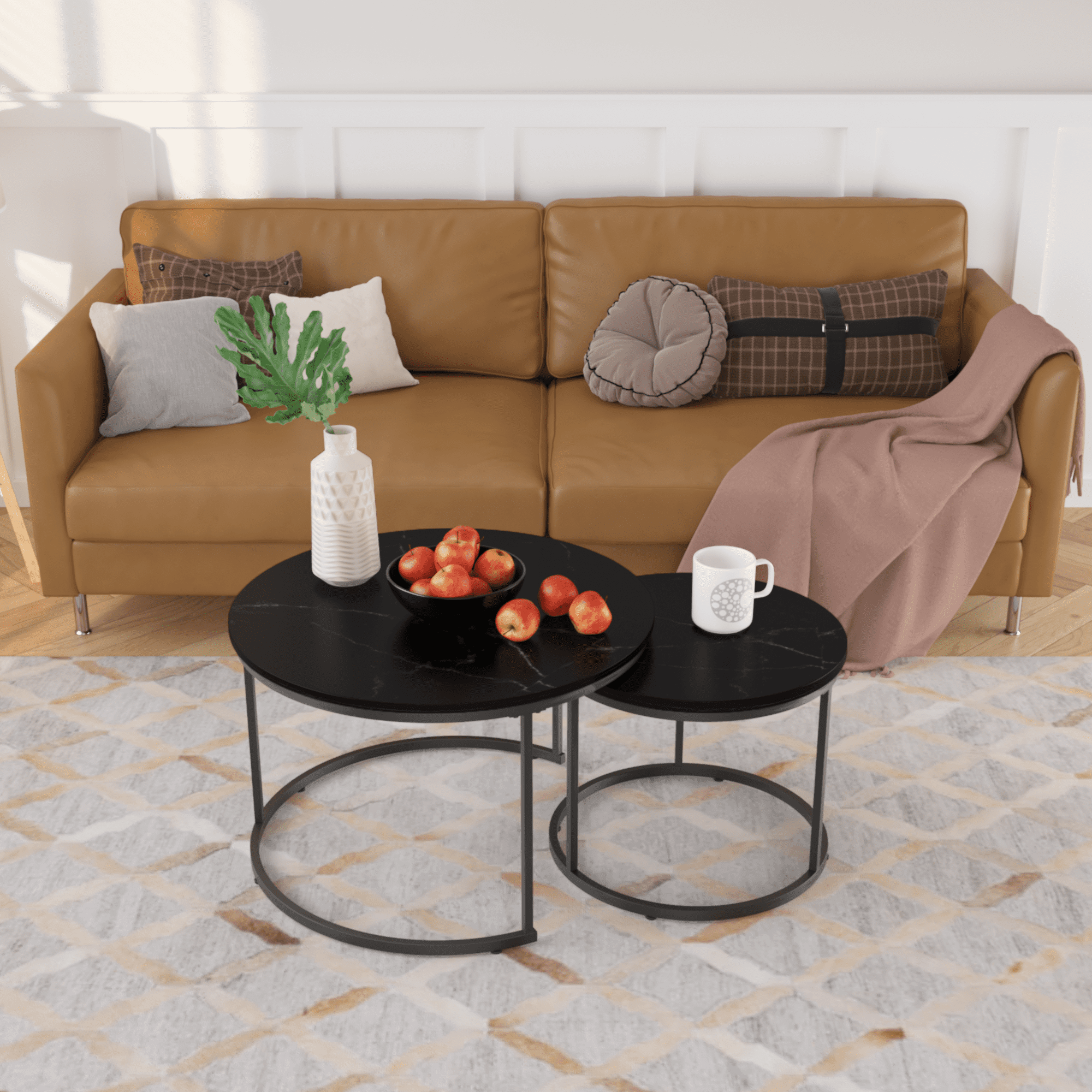 27.6" Nesting Coffee Table Set of 2, Round Coffee Table Wood Marble Pattern Top with Sturdy Metal Frame, End Table Side Tables for Living Room Bedroom Balcony Yard (Black)