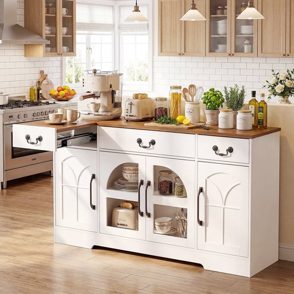 Keenstone Buffet Cabinet with Storage, 55.1" W Expandable Sideboard Cabinet with Drawers and Glass Doors, Coffee Bar Cabinet with Adjustable Shelves, White