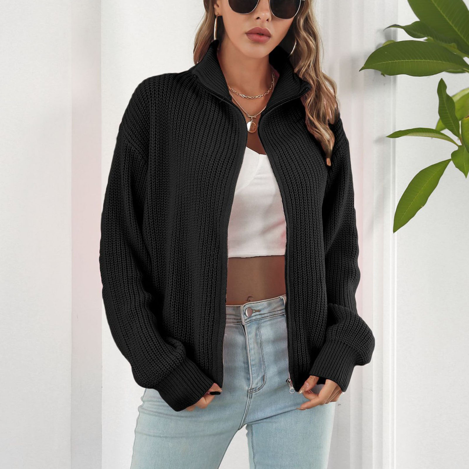 Cardigan Femme à Fermeture Éclair - Col Montant, Côtelé, Léger - Veste Mi-Saison