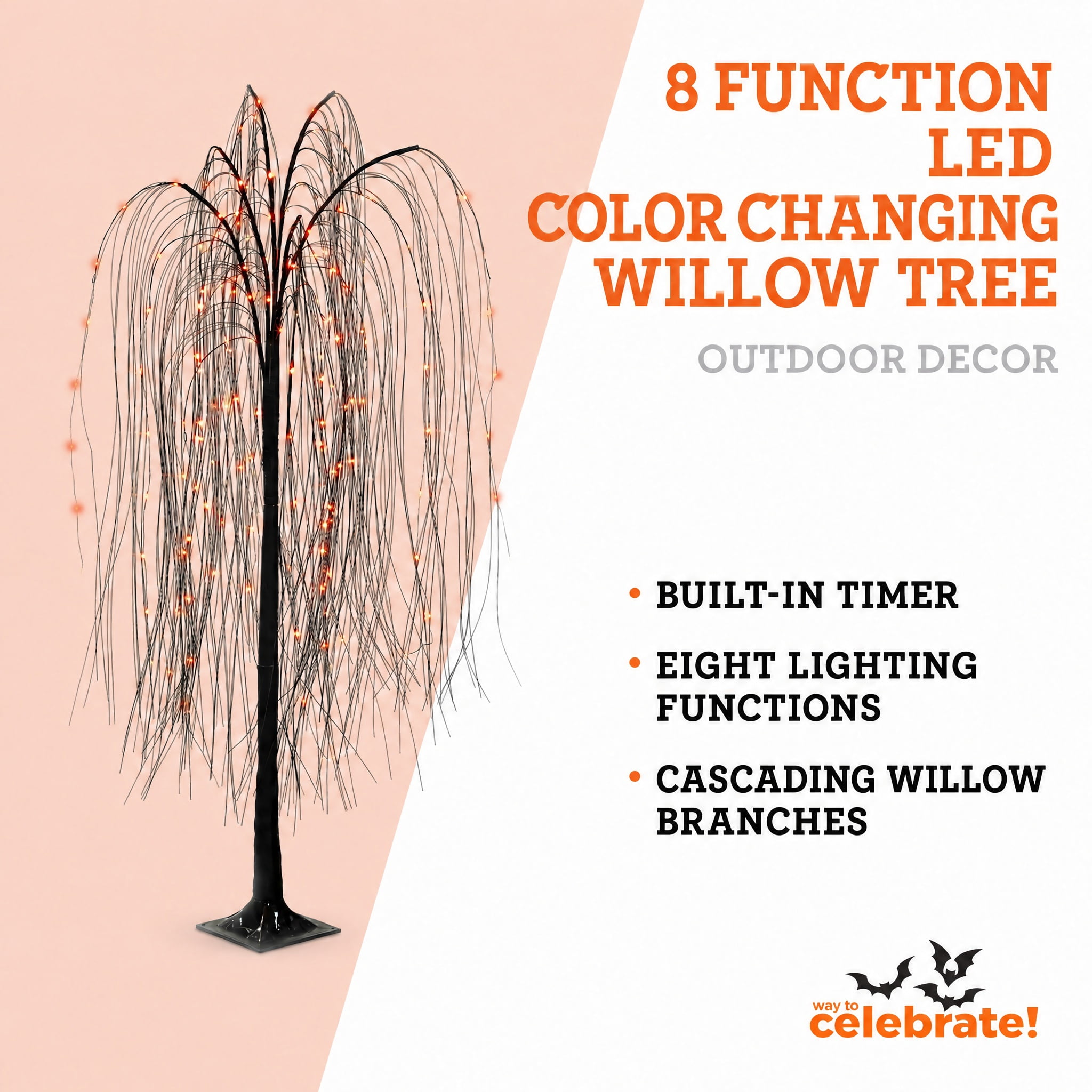 Indoor/Outdoor Battery-Operated 8-Function LED Color-Changing Willow Tree, Orange and Purple, 48", Halloween by Way To Celebrate