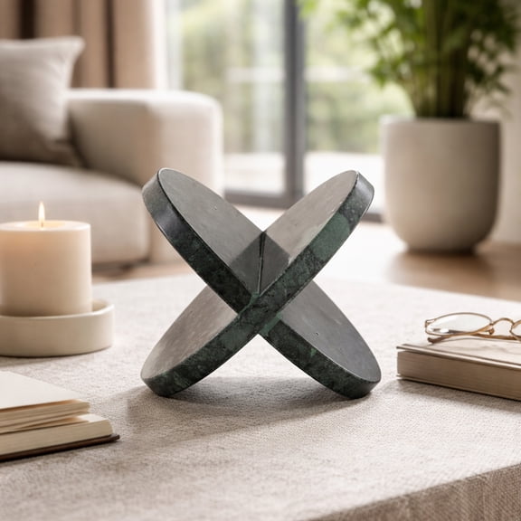 Modern Geometric X Sculpture Decor for Living Room - Marble Tabletop Sculpture for Entryway, Bedroom, and Home Accent - 8", Green