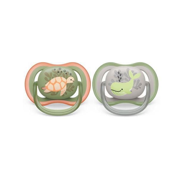 Philips Avent Ultra Air Pacifier 6-18m, orange turtle / green whale, 2 pack, SCF085/60, Avent Ultra Air Pacifier 6-18m turtle whale 2pk