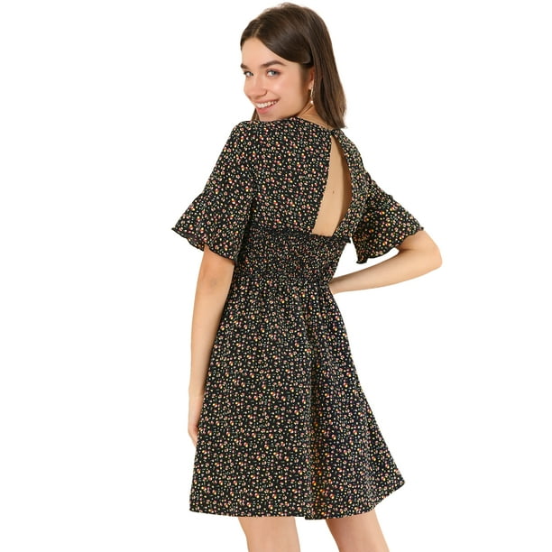 Vestido floral de manga corta con campana de cintura fruncida sin espalda de verano para mujer Negro S