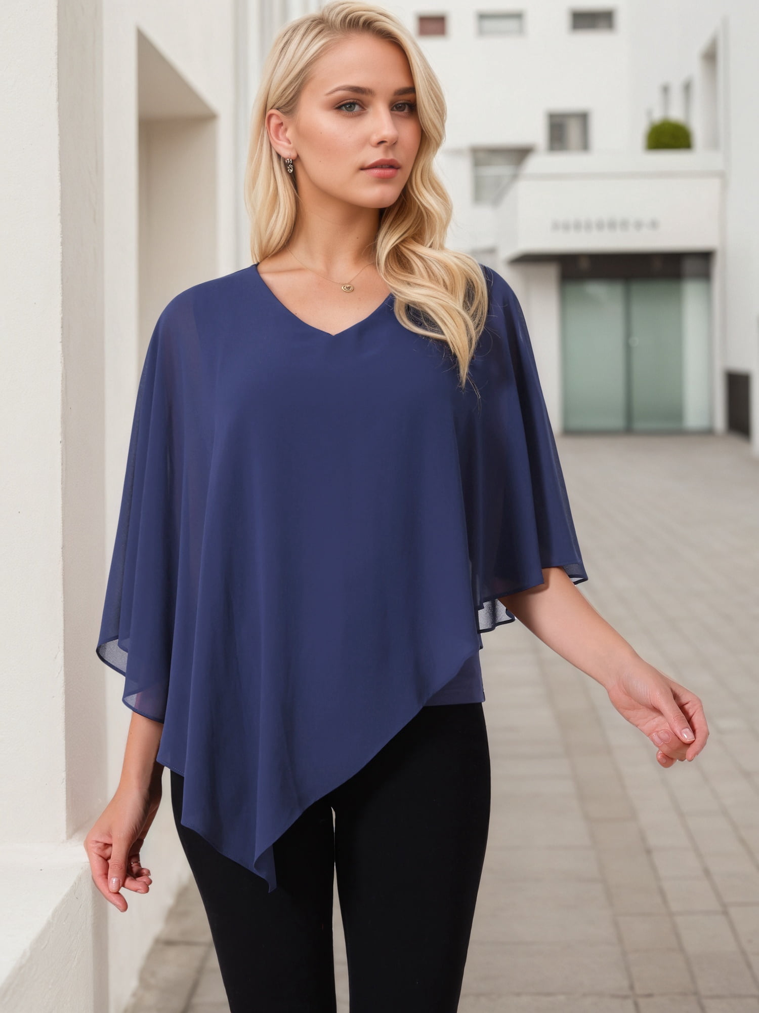 DARING DIVA Women's Flowy V Neck Chiffon Blouse Asymmetrical Top M Dark Blue