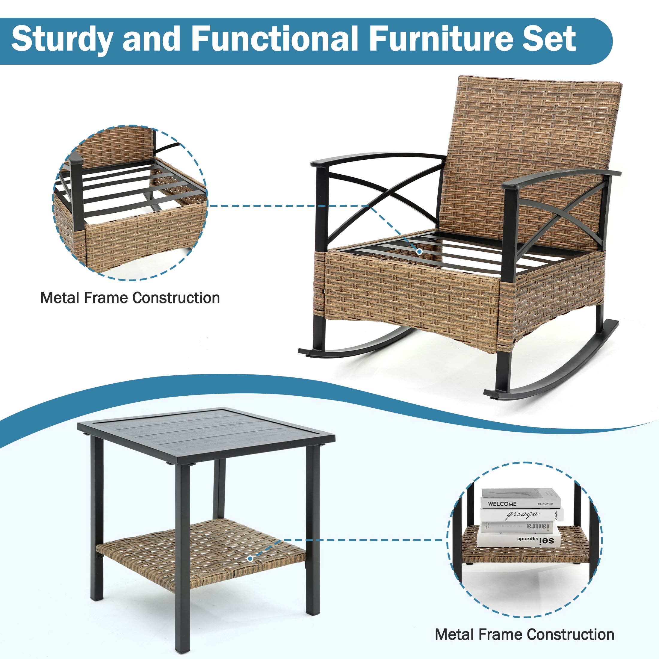Segmart 3PCS Patio Rocking Bistro Chairs Set, Front Porch Furniture Sets with Cushions,Outdoor Rattan Wicker Sofa Chairs and Table,250Ibs, Blue