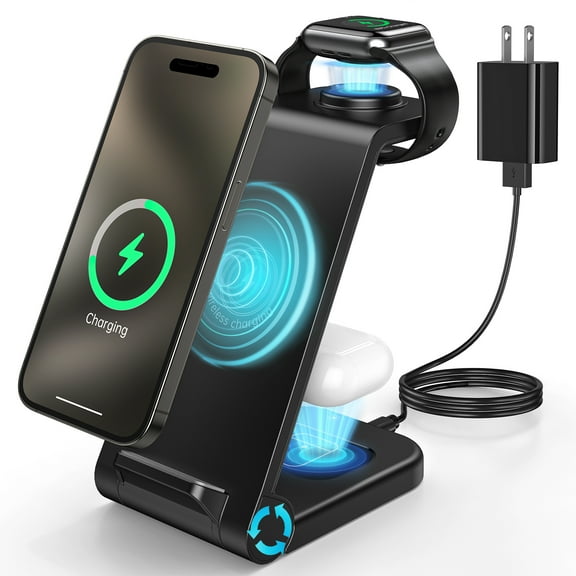 Wireless Charging Station, 18W 3 in 1 Wireless Charger, Fast Wireless Charging Stand for iPhone 16 15 14 13 12 11Pro Max XR XS, Apple Watch 10 9 8 7 6 5 4 3 2 SE, Airpods 4 3 2 Pro