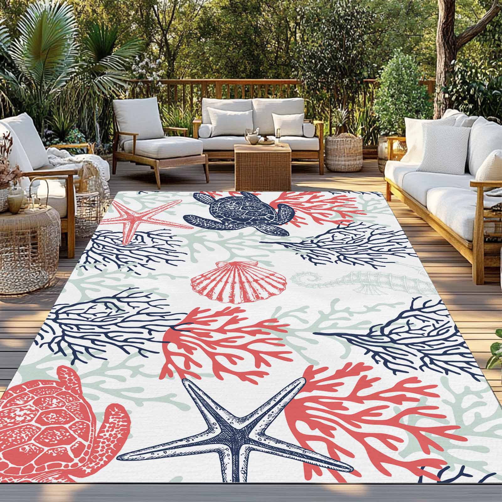 Fsddascl Blue Red Coastal Outdoor Rug for Patio/Deck, Non-Slip Large Area Rug 4 x 6 Ft, Sea Turtle Nautical Coral Summer Beach Indoor Outdoor Rugs Washable Area Rugs, Reversible Camping Rug Carpet