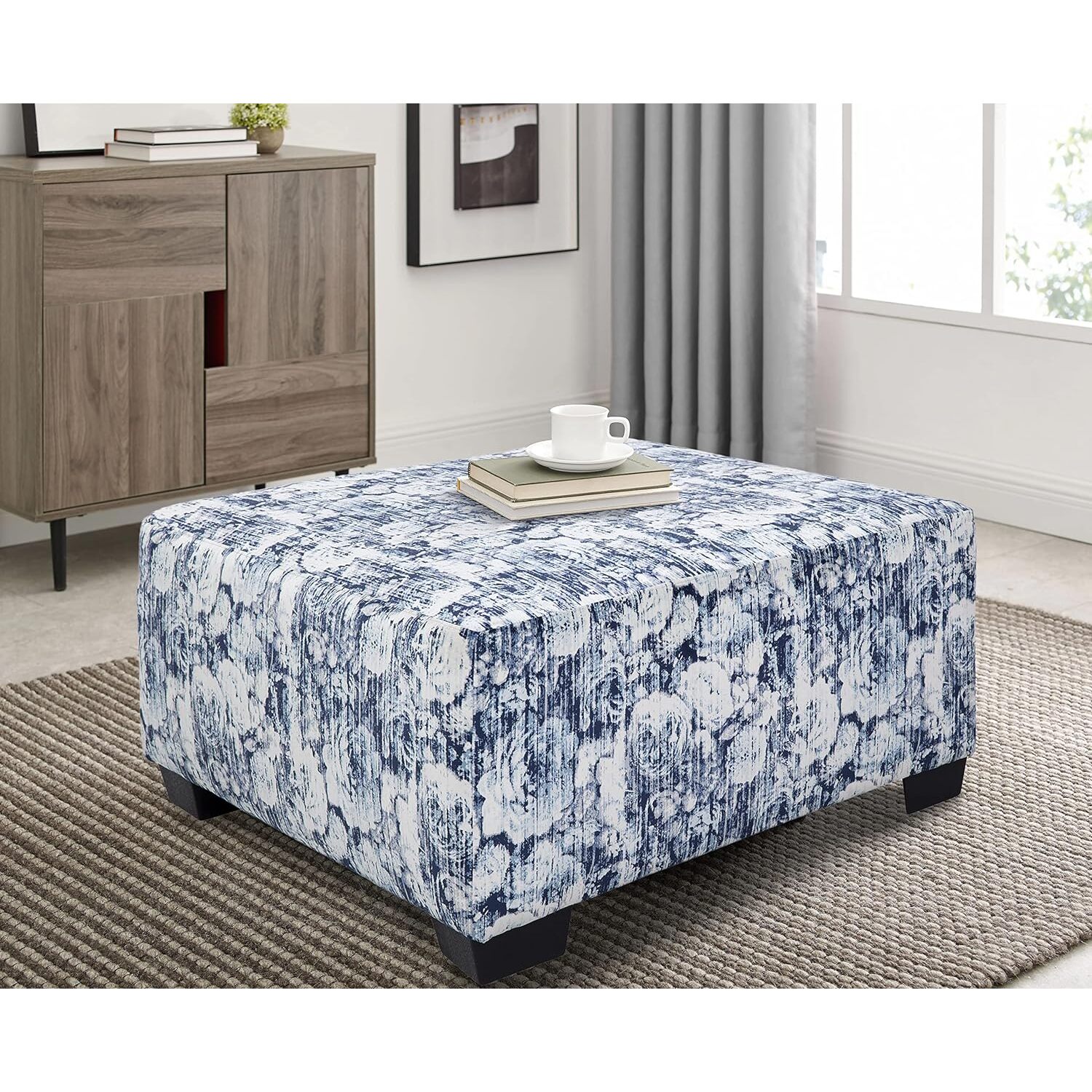 Maykoosh Vintage Visions Casual Comfort Series Blue Floral Square Upholstered Ottoman with Black Base Legs - 42"D x 42"W x 19"H