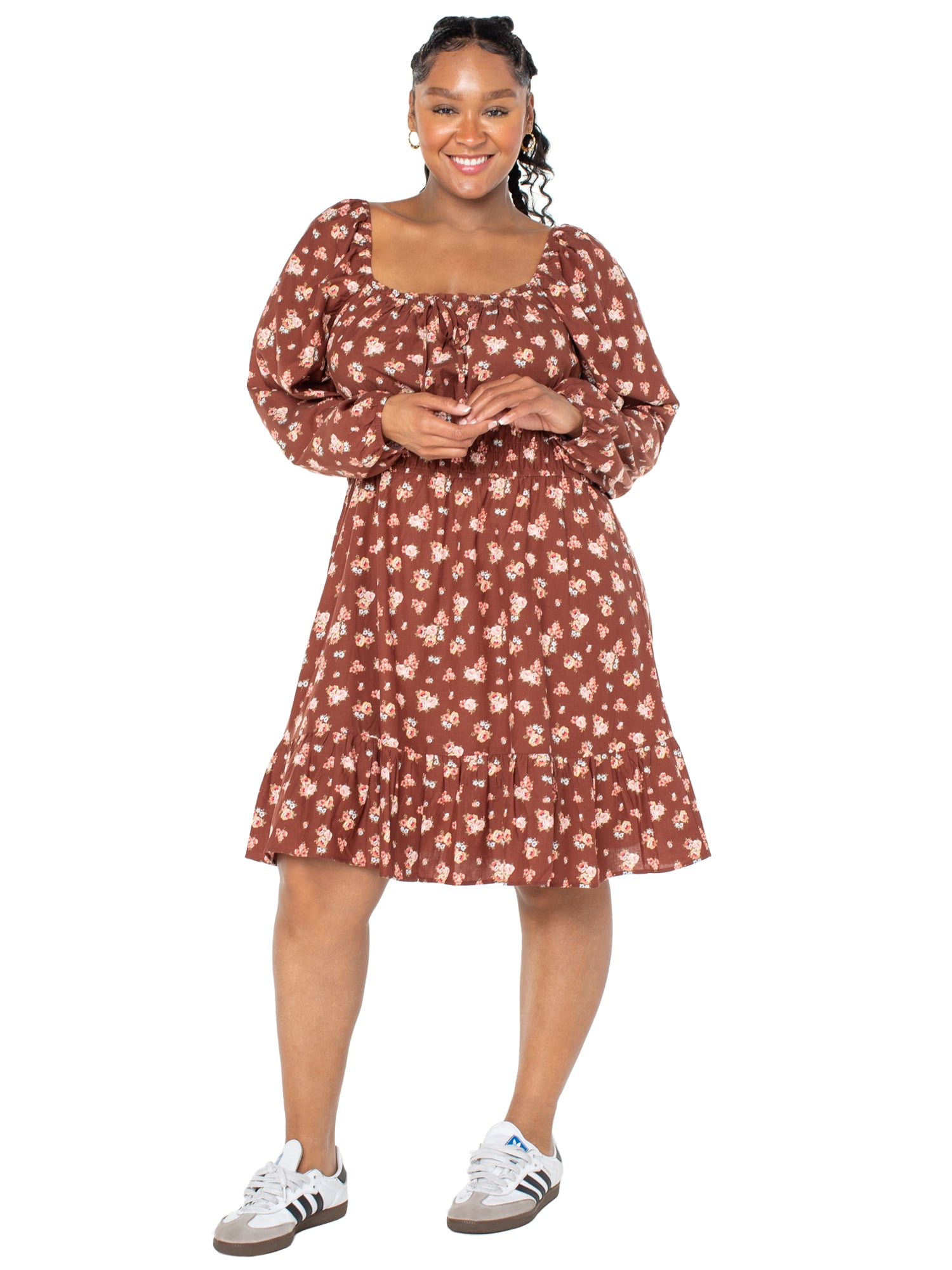 Celebrity Pink Women’s and Women’s Plus Floral Print Babydoll Dress with Long Sleeves, Sizes XS-4X