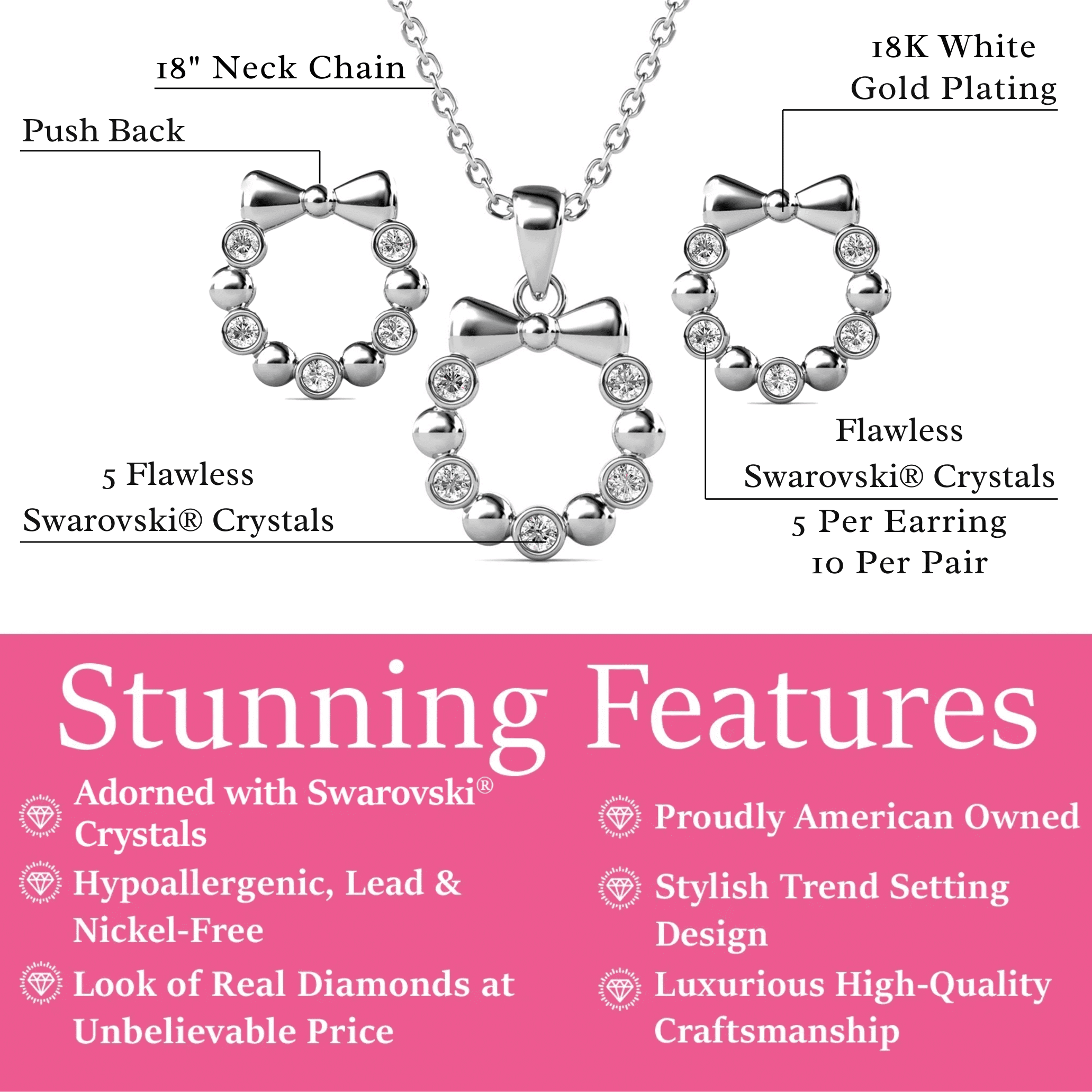Cate & Chloe Edith 18k White Gold Plated Silver Ribbon Jewelry Set with Swarovski Crystals for Women