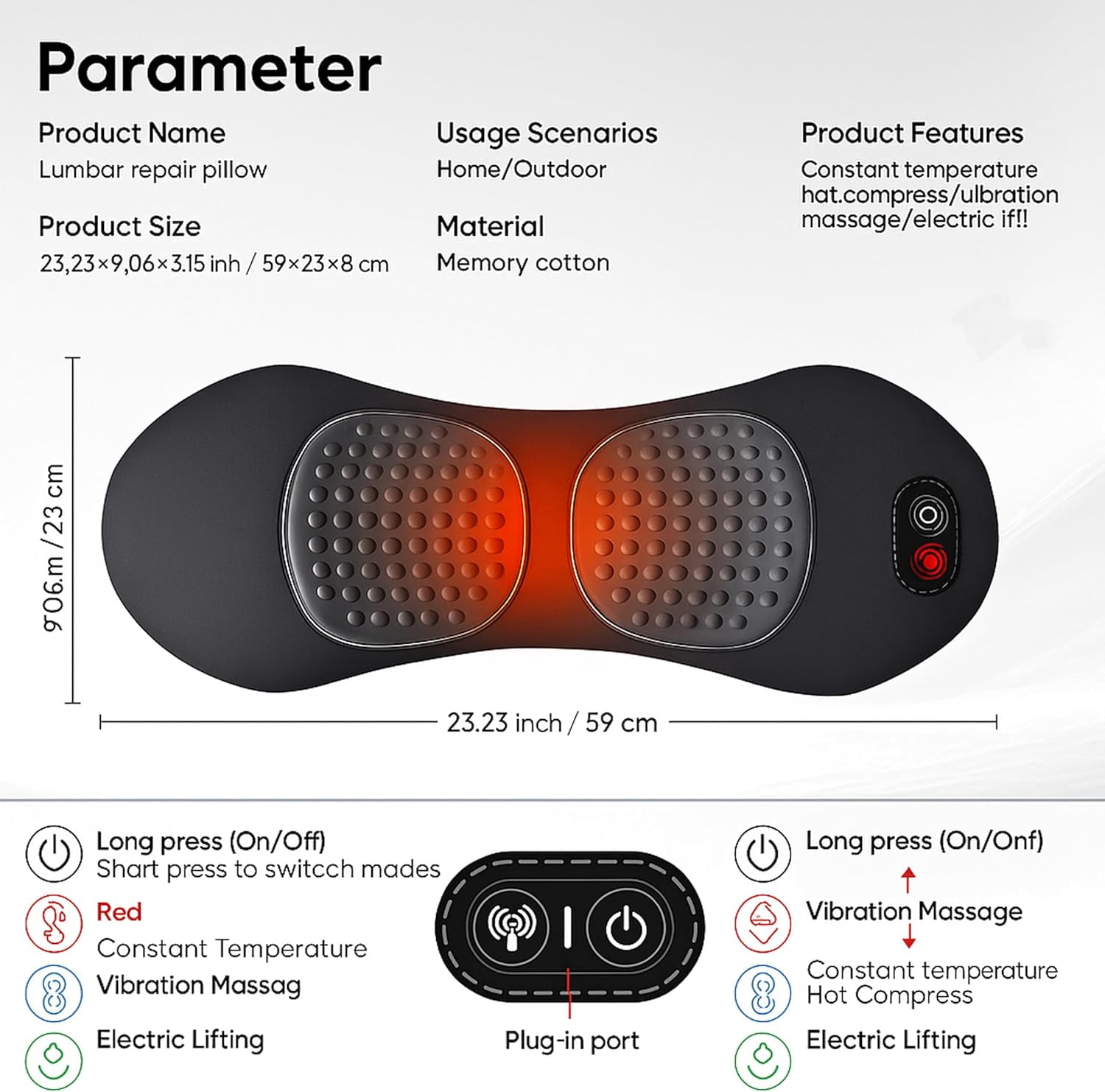 3-in-1 Electric Back Massager Pillow, Ergonomic Wedge Cushion with Adjustable Lumbar Support and Heat for USB Powered Back Bed Comfort and Support Pad Chair