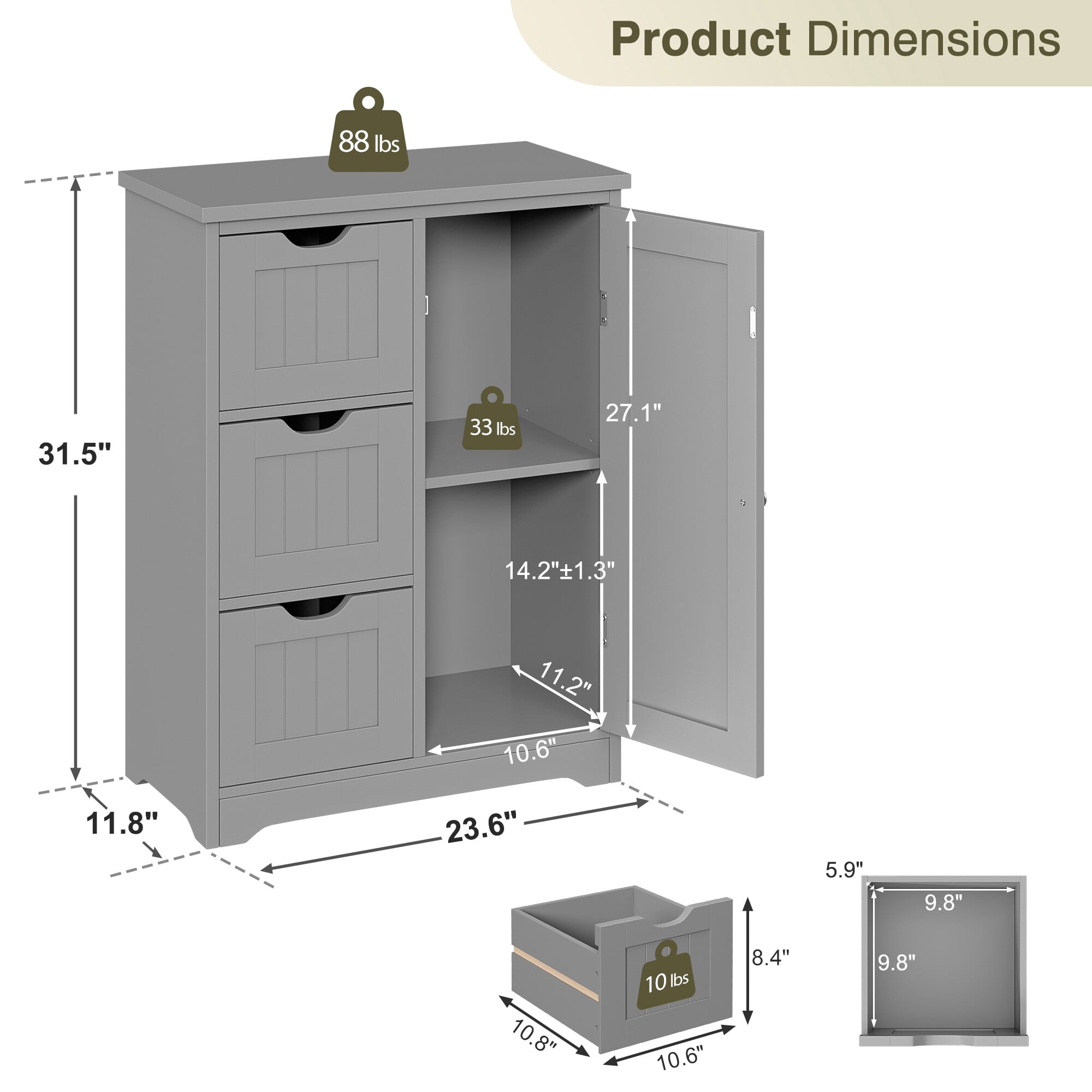 ZENSTYLE Bathroom Cabinet 3 Drawers Storage Organizer Floor Cupboard Home Decor Gray