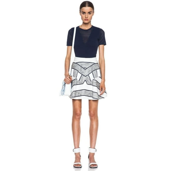 3.1 PHILLIP LIM Chevron FLOUNCE Flared SKIRT Cotton-Blend NAVY White PRINT $425