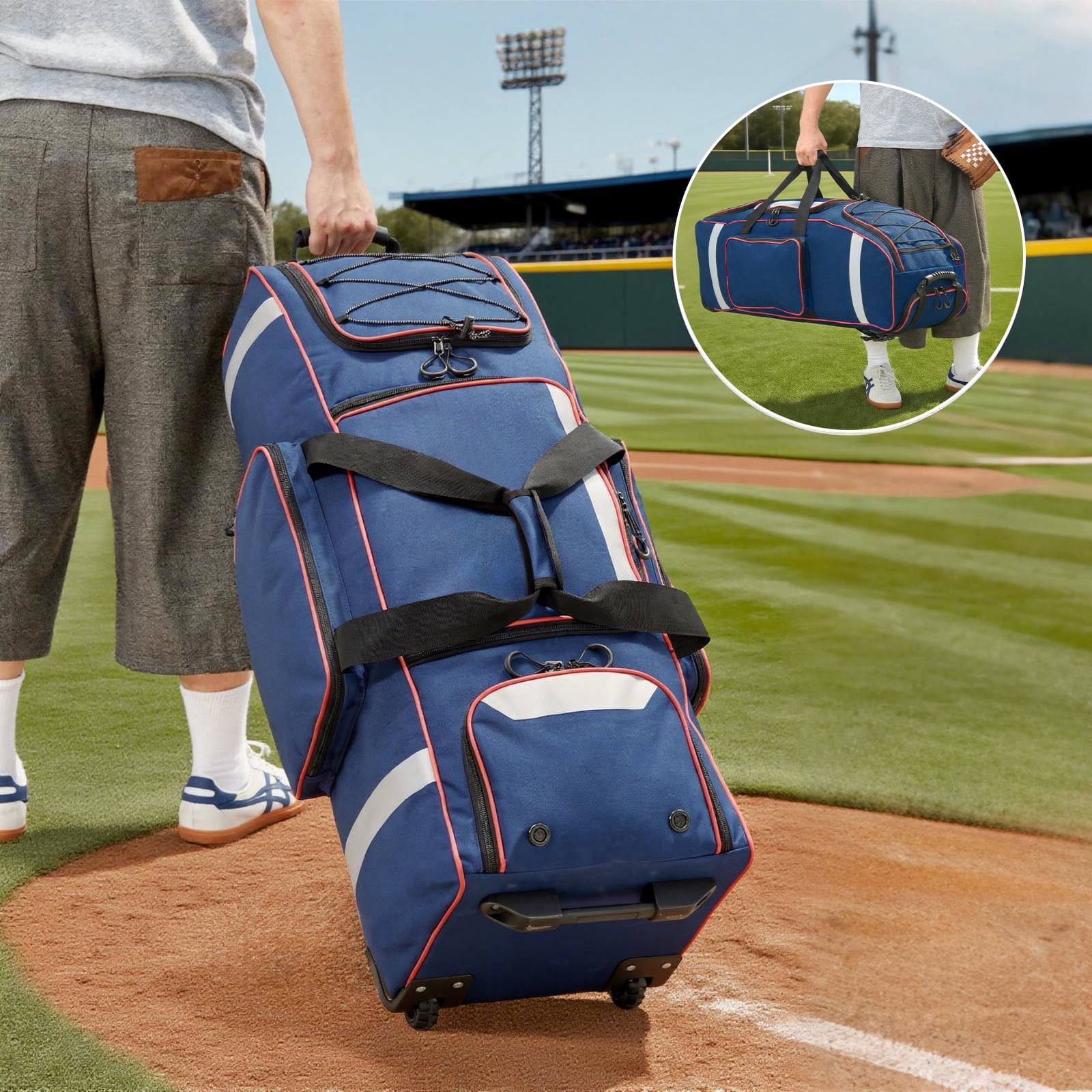 Fegat Large Catcher Gear Bag With Wheels, Soft Rolling Baseball Bag for 4 Bats, Portable Baseball Catcher Bag With Wheels, Multi-Pockets, Fence Hook, Holds All Softball Baseball Equipment
