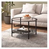 Tempered Glass Coffee Table, 27.6" Round Black Metal Frame Tea Table, Modern Side End Table for Living Room, Minimalist Coffee Table