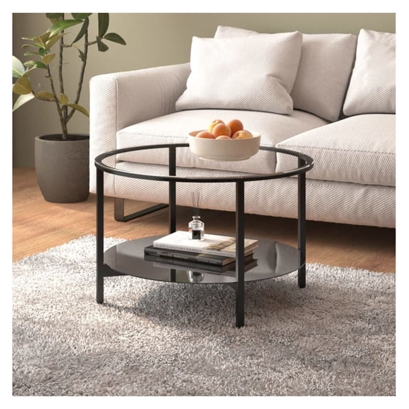 Tempered Glass Coffee Table, 27.6" Round Black Metal Frame Tea Table, Modern Side End Table for Living Room, Minimalist Coffee Table
