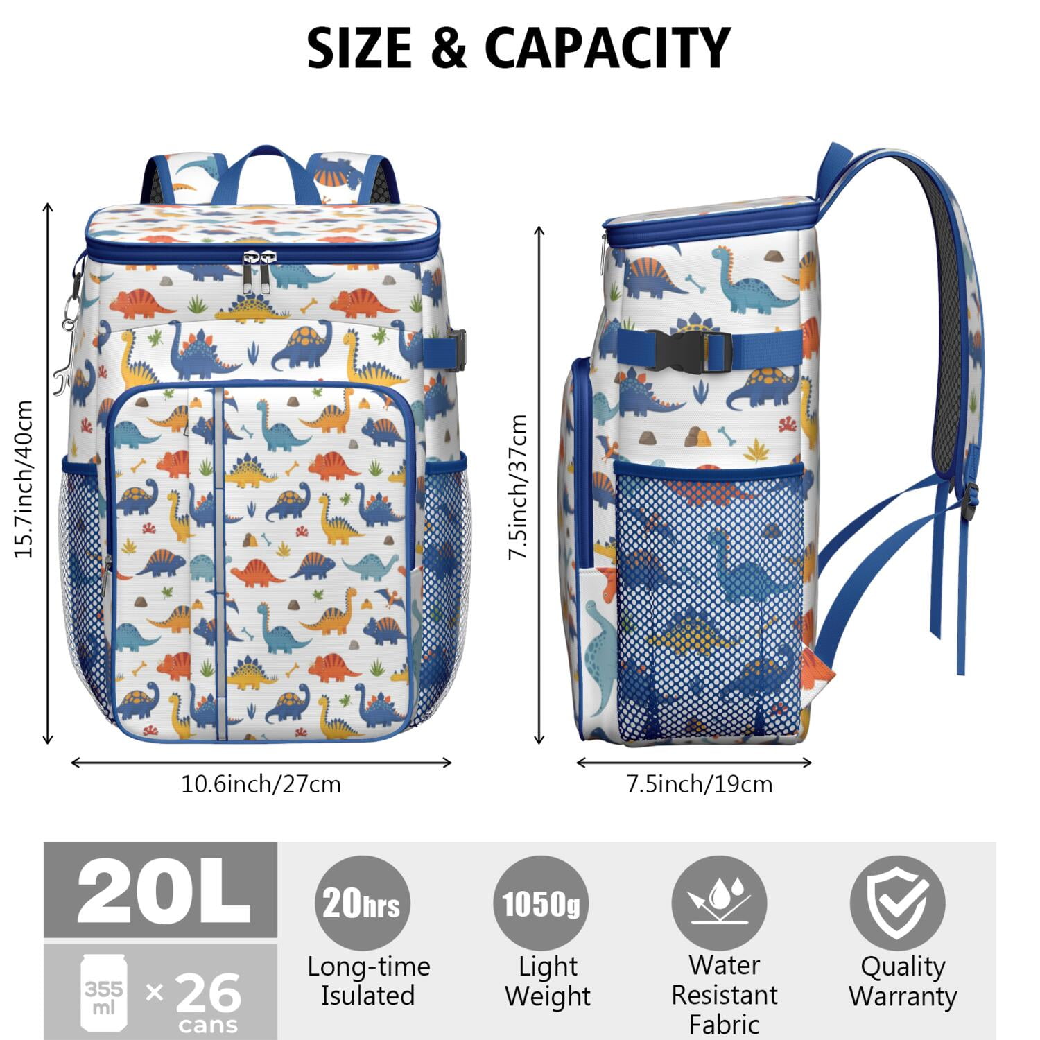 Travel Cooler Bag - Colorful Dinosaurs Bones Pattern Camping Beer Cooler Backpack with Bottle Opener- Waterproof Insulated Picnic Backpacks - Cooler Bag for Beach