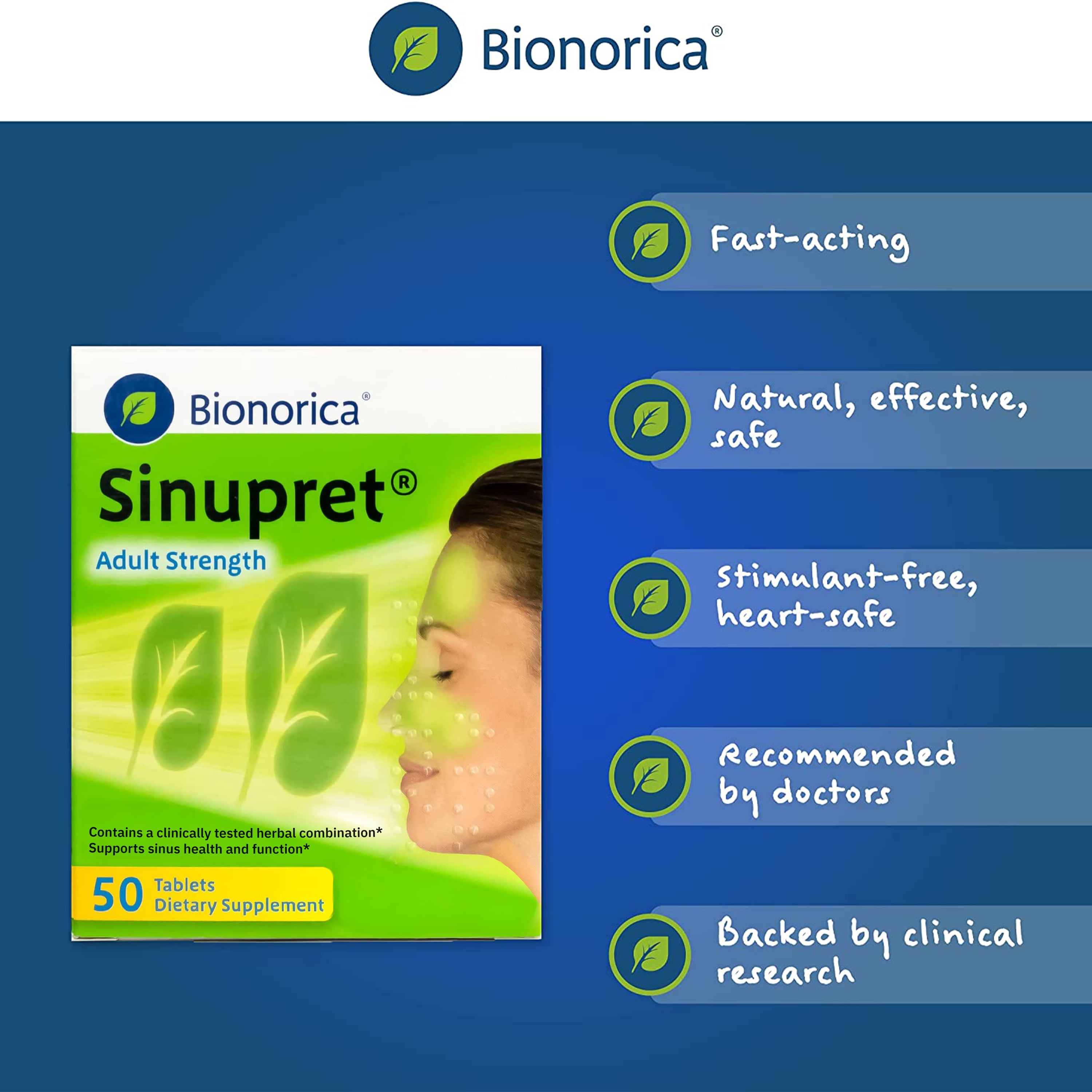 Bionorica Sinupret Adult Strength Sinus + Immune Support All Natural, Fast Acting Herbal Nasal Passage & Immunity Boost Supplement with Verbena & Elder Flower - 50 Tablets
