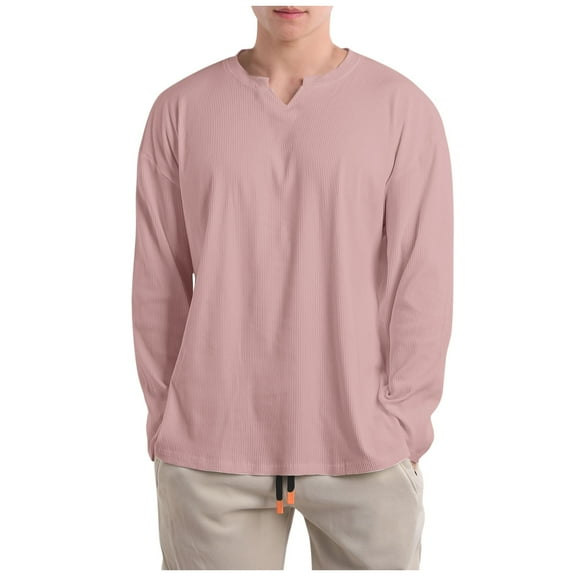 LEBONYARD Men's Clearance under $10,Tops for Men 2024,Men's Fashion Casual Pullover Solid Color Long Sleeve V-Neck Blouses Pink M