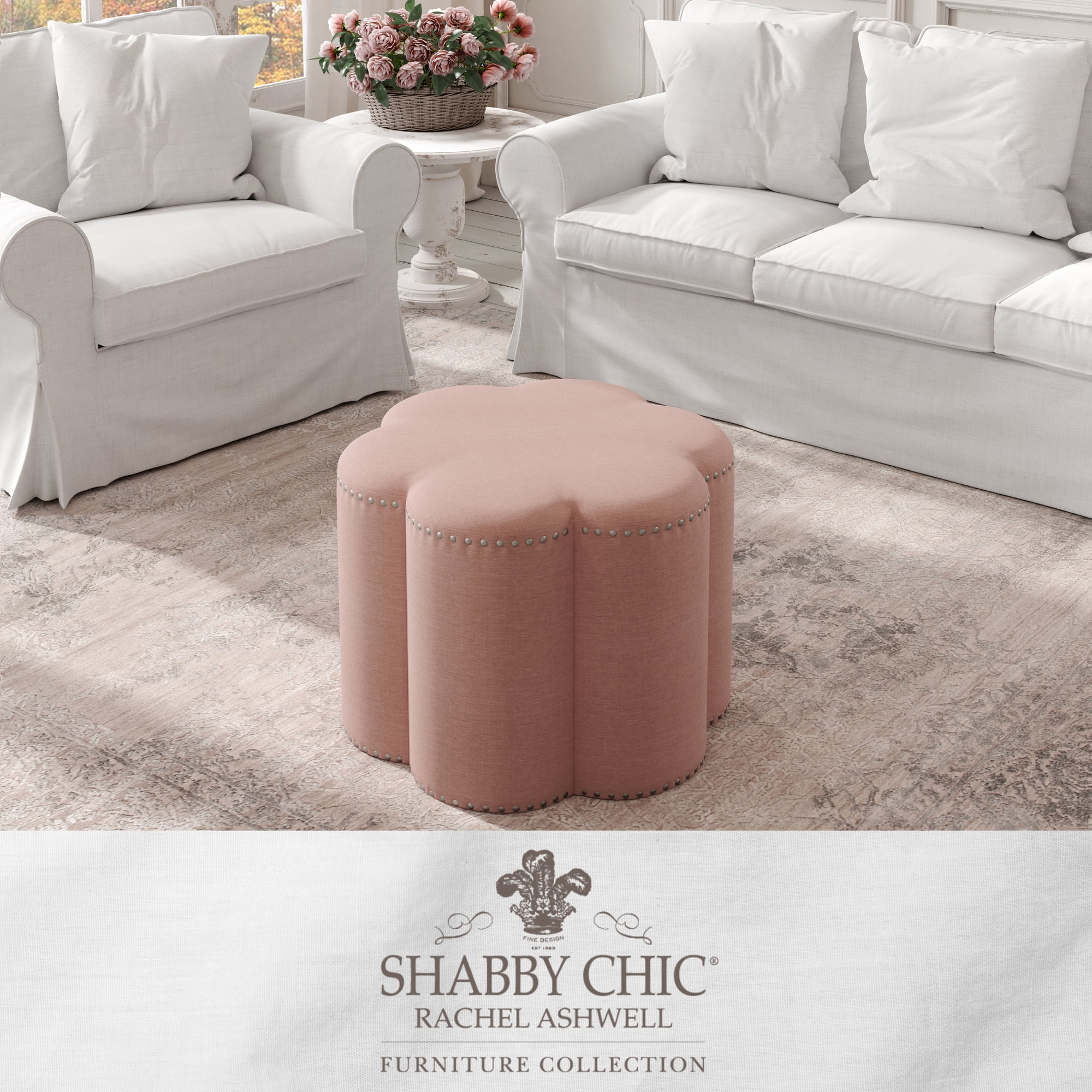 Lavigne Linen Flower Shaped Ottoman with Nailhead Trim, Pink