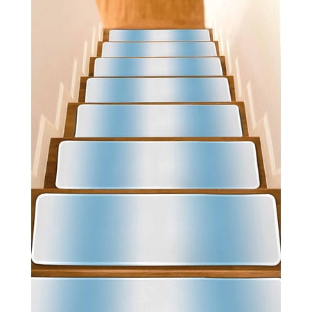 Sky Blue White Stair Treads Non Slip Runners Rugs, 4 Pcs Carpet for Stairs with Adhesive, Gradient Vertical Stripes Minimalist Stair Mats Pads Indoor Stair Treads for Wooden Steps 8"x30"