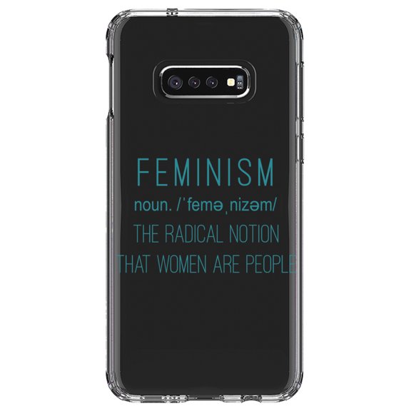 DistinctInk Clear Shockproof Hybrid Case for Samsung Galaxy S10e (5.8" Screen) - TPU Bumper Acrylic Back Tempered Glass Screen Protector - Feminism Definition Women Are People