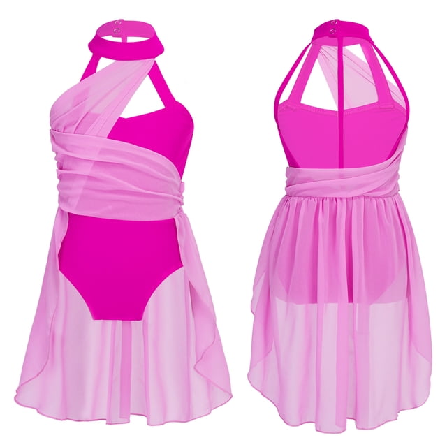TiaoBug Robe Justaucorps Sans Manches à Col Halter en Maille pour Filles Robe de Danse Ballet Ballerine Rose 14