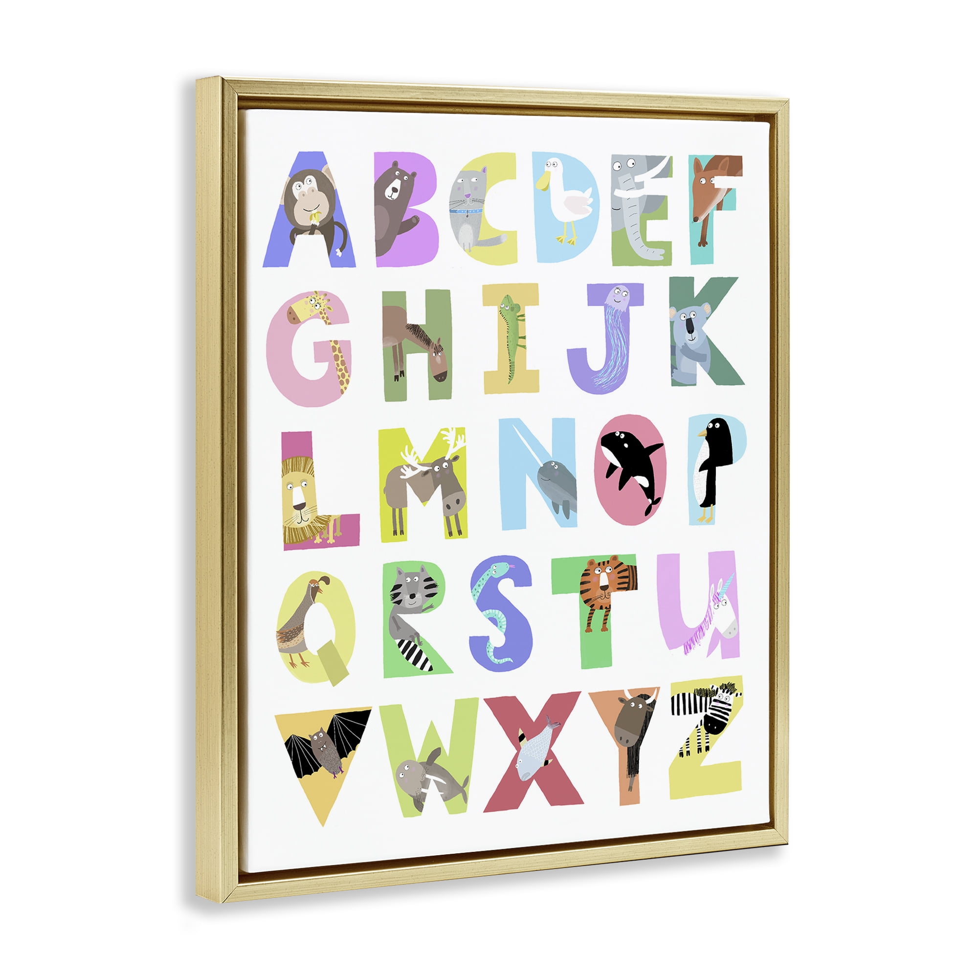 Stupell Industries Alphabet Shapes with Animals Gold Framed Floater Canvas Wall Art, design by Carla Daly