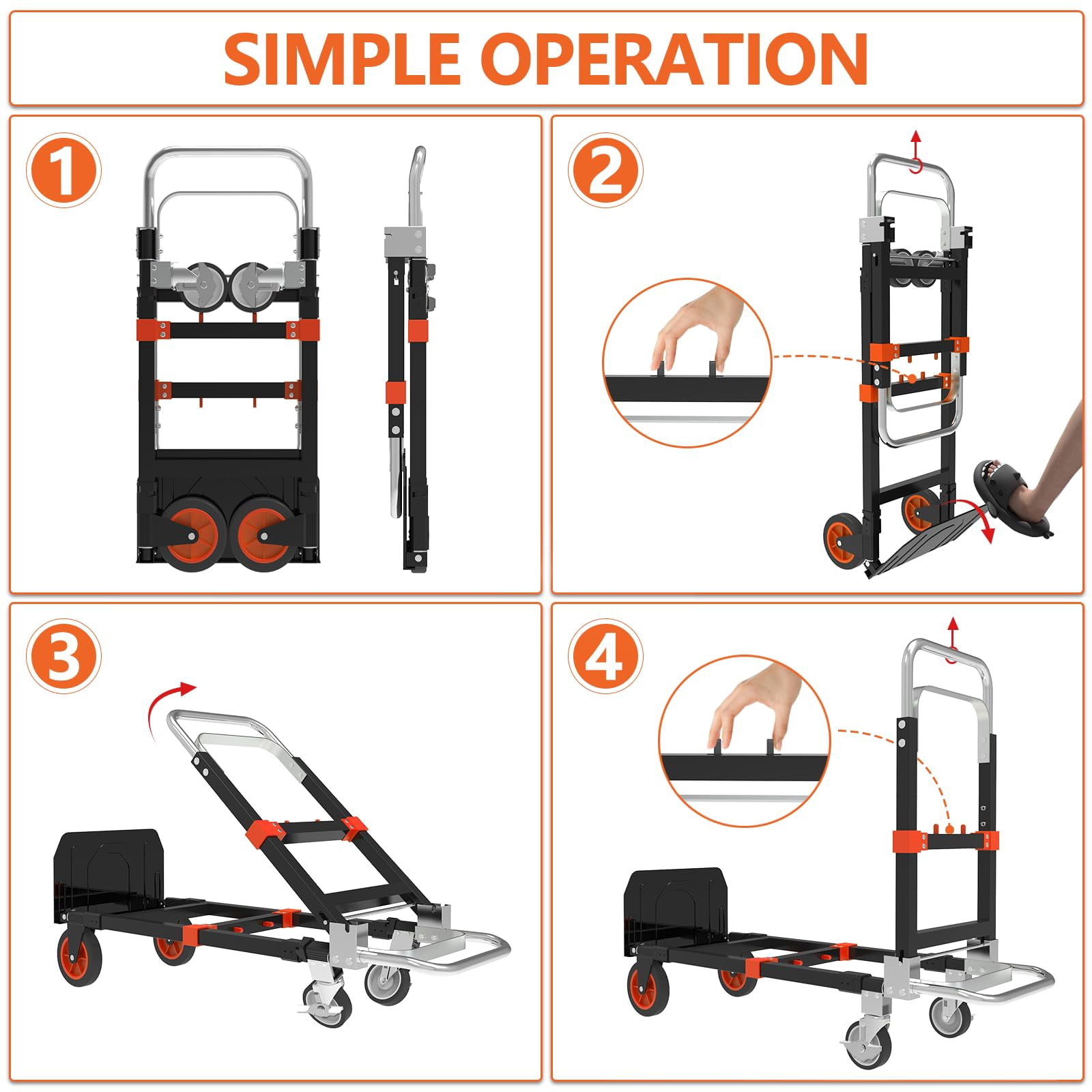 3-in-1 Heavy Duty Folding Dolly, Convertible Hand Truck Portable Steel with Telescopic Handle & Dolly Cart with Rubber Wheels, 580LB Capacity,Orange