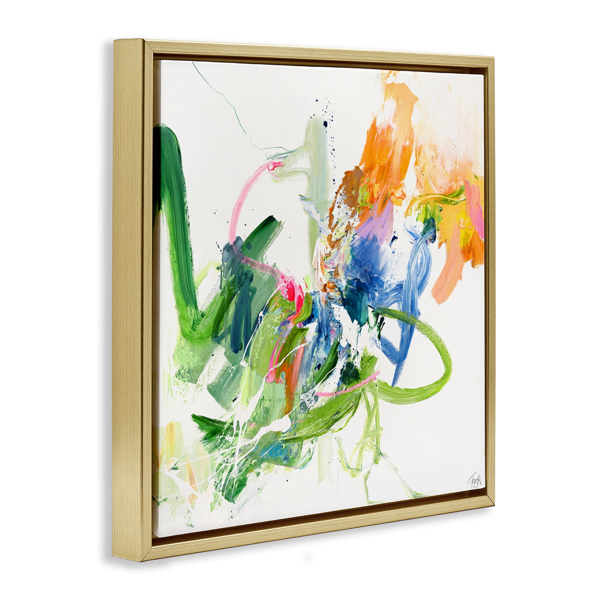 Confident Green Abstraction Gold Framed Floater Canvas Wall Art, design by Design Fabrikken