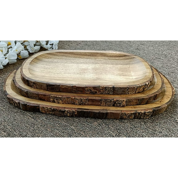 India Meets India Set of 3 Acacia Wood Serving Tray [Brown], Wooden Oval Serving Tray for Fruits, Salad, Snacks, Platters, Tikka's, Hot & Cold Beverage, Set of 3 Serving Trays, 12, 14 and 17 INCHES