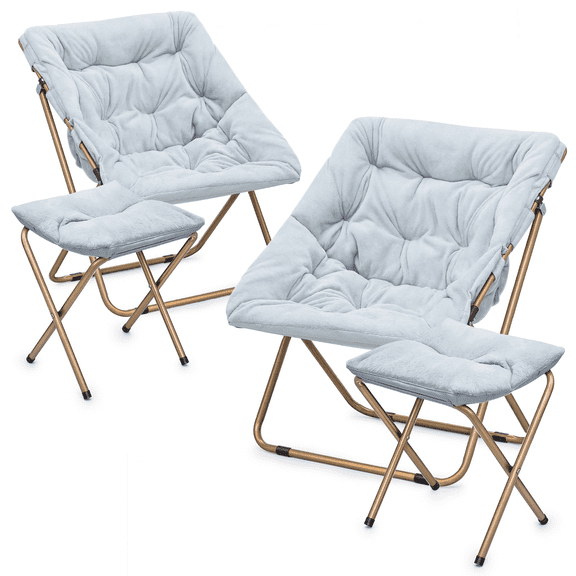 Monibloom Oversized Square Folding Fluffy Faux Fur Saucer Chair with Ottoman, for Adults, Living Room, Bedroom, Dorm, Apartment, Set of 2 (Blue)