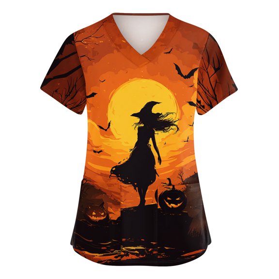 JULMCOMO Halloween Scrub Tops for Women Plus Size Pumpkin Witch Ghost Print V Neck Scrubs Trendy Loose Holiday Nurse Uniform Shirts with Pockets Orange 3XL