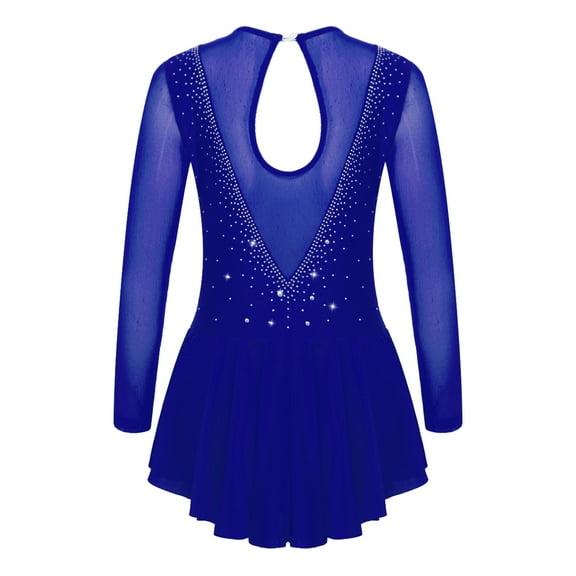 inlzdz Girls Long Sleeves Figure Ice Skating Dress Rhinestones Sheer Mesh Lyrical Ballet Dance Dress Royal Blue 6