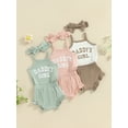thumbnail image 4 of Baby Girl Summer Outfits Letter Print Spaghetti Strap Sleeveless Rompers Solid Color Shorts Headband 3Pcs Clothes Set, 4 of 10