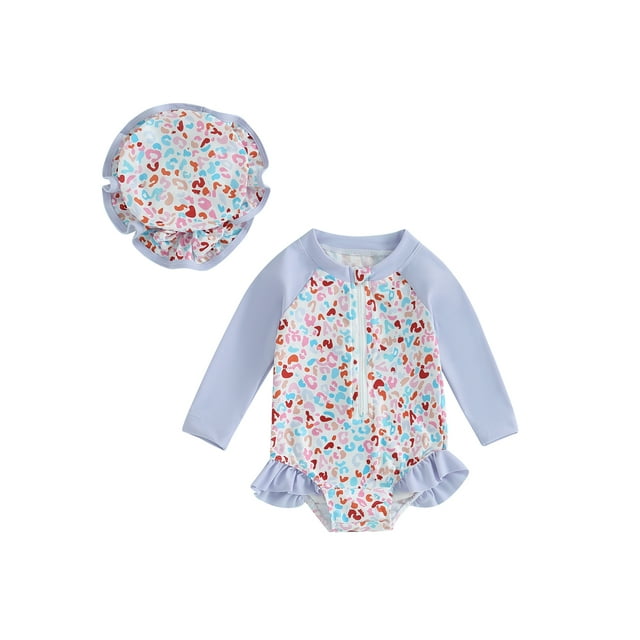 SUNSIOM Toddler Girls Rash Guard Swimsuit Rompers Long Sleeve Floral Print Ruffles Bathing Suit Swimwear with Swim Cap