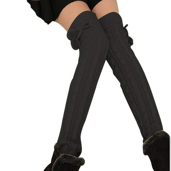 Xfvqtps Womens Thigh High Socks Lengthened Knee Length Wool Pompom Solid Color Elastic Warm Winter Stockings Black