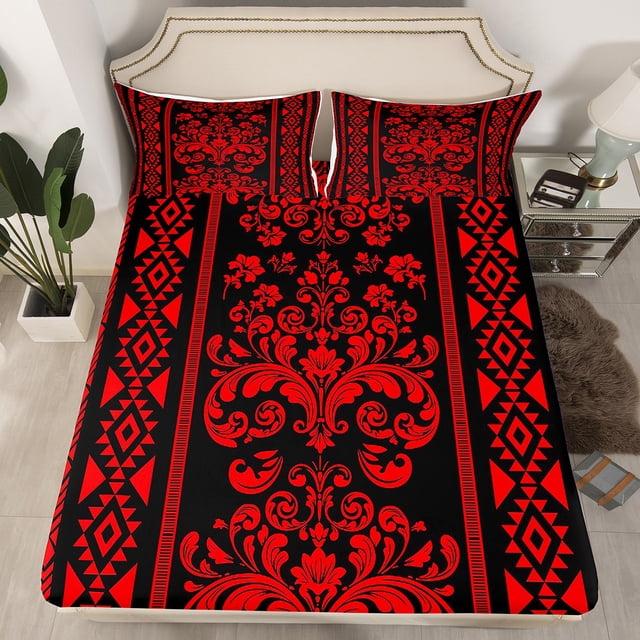 Erosebridal Rde Damask Flower Fitted Sheet Set Queen, Retro Boho Bedding Queen Size, Mandala Hippie Decor, 3-Piece,(No Top Sheet)