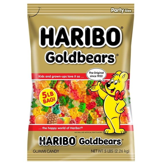 HARIBO Gummi Candy, Original Goldbears Gummy Bears, 5 Pound Party Size Bag, Delicious Soft & Chewy Sweet Snacks, Assorted Fruity Flavors