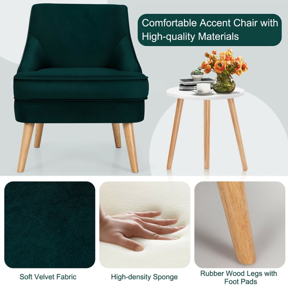 Finihen Velvet Accent Chair, Mid Century Velvet Accent Chair with Rubber Wood Legs, Thickly Padded, for Living Room, Bedroom, Green