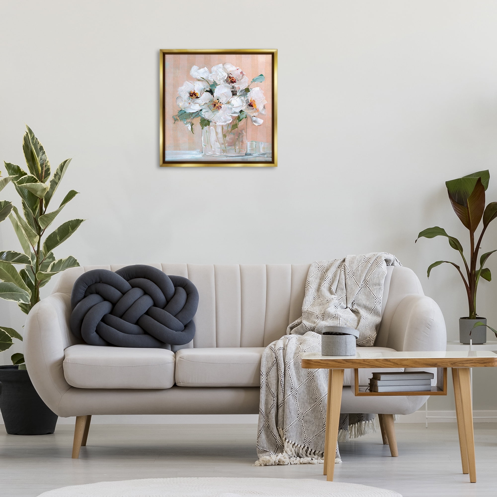 Stupell Industries White Florals on Pink Botanical & Floral Painting Gold Floater Framed Art Print Wall Art, 25 x 25