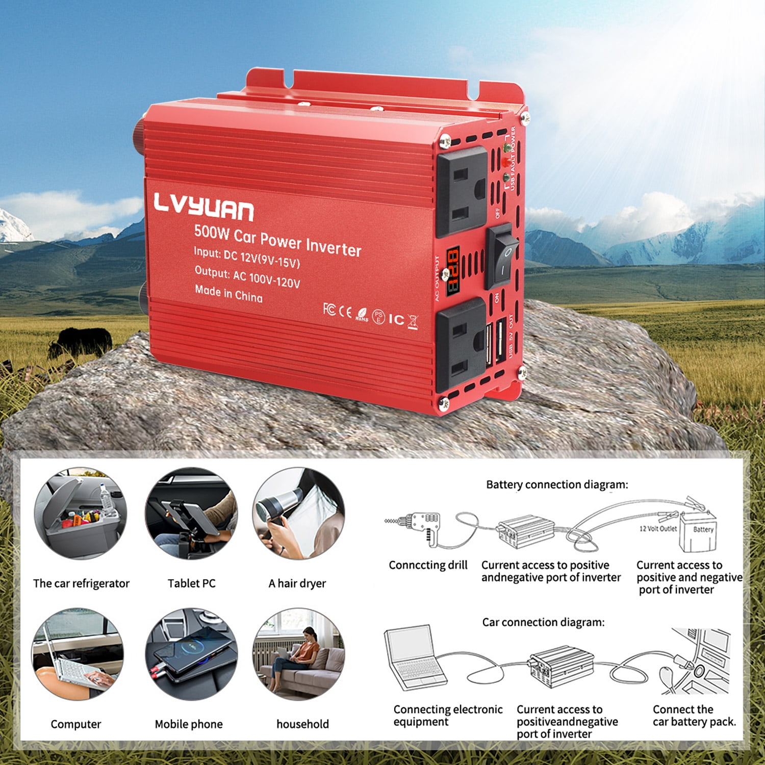 LVYUAN 500 Watts Power Inverter Converter Adapter Battery Charger DC to AC 12V to 110V 2AC 2USB LED Display for Car Red
