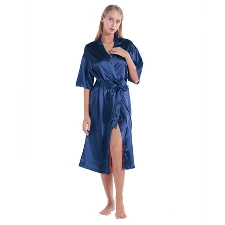 

Xmarks Women s Silky Satin Robes Kimono Satin Bathrobe for Women And Men Mid-Length Sleepwear Dress Gown Short Sleeve Soft Nightgown with Belt S-2XL