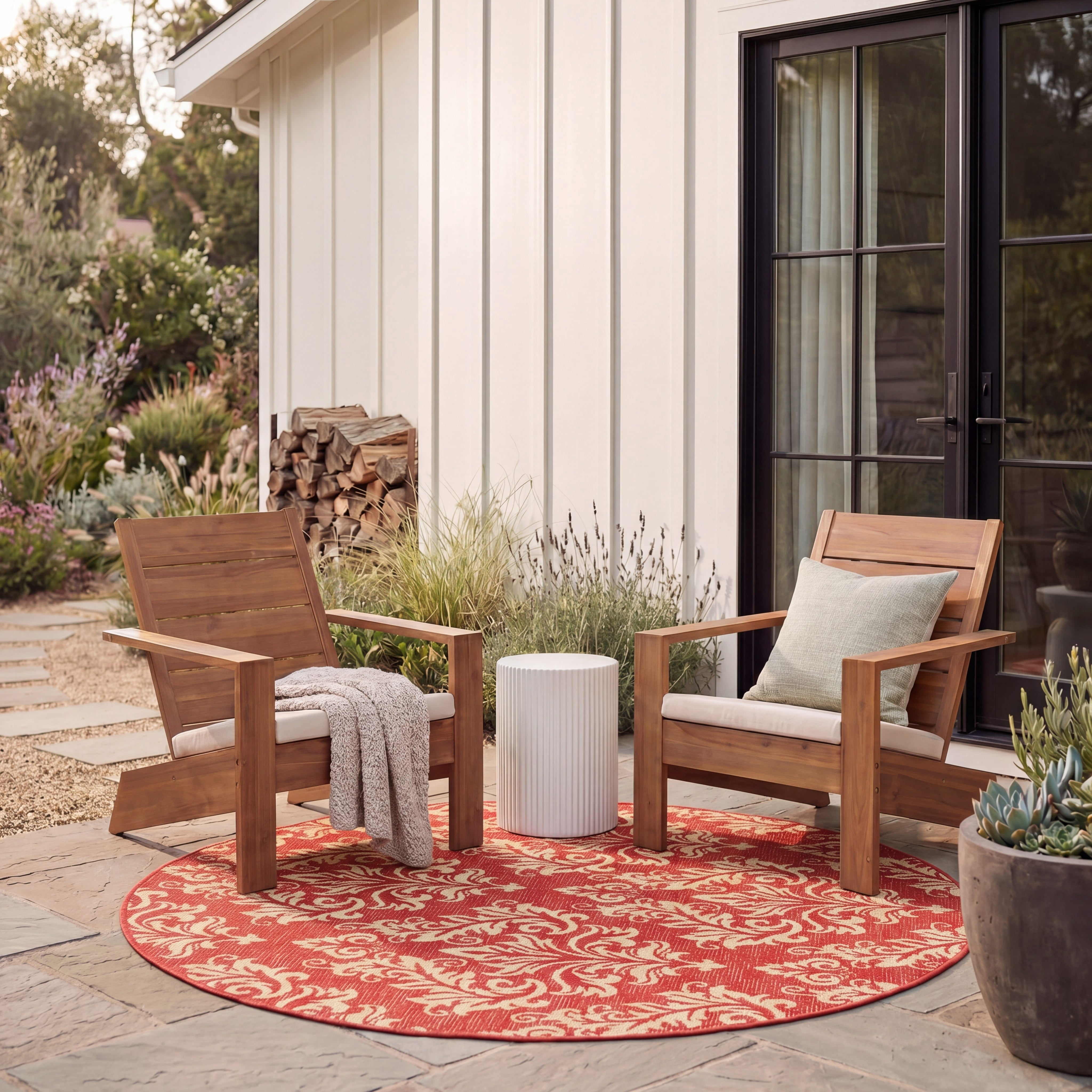 Safavieh Courtyard Anna Damask Indoor/Outdoor Area Rug, Red/Creme, 5'3" x 5'3" Round