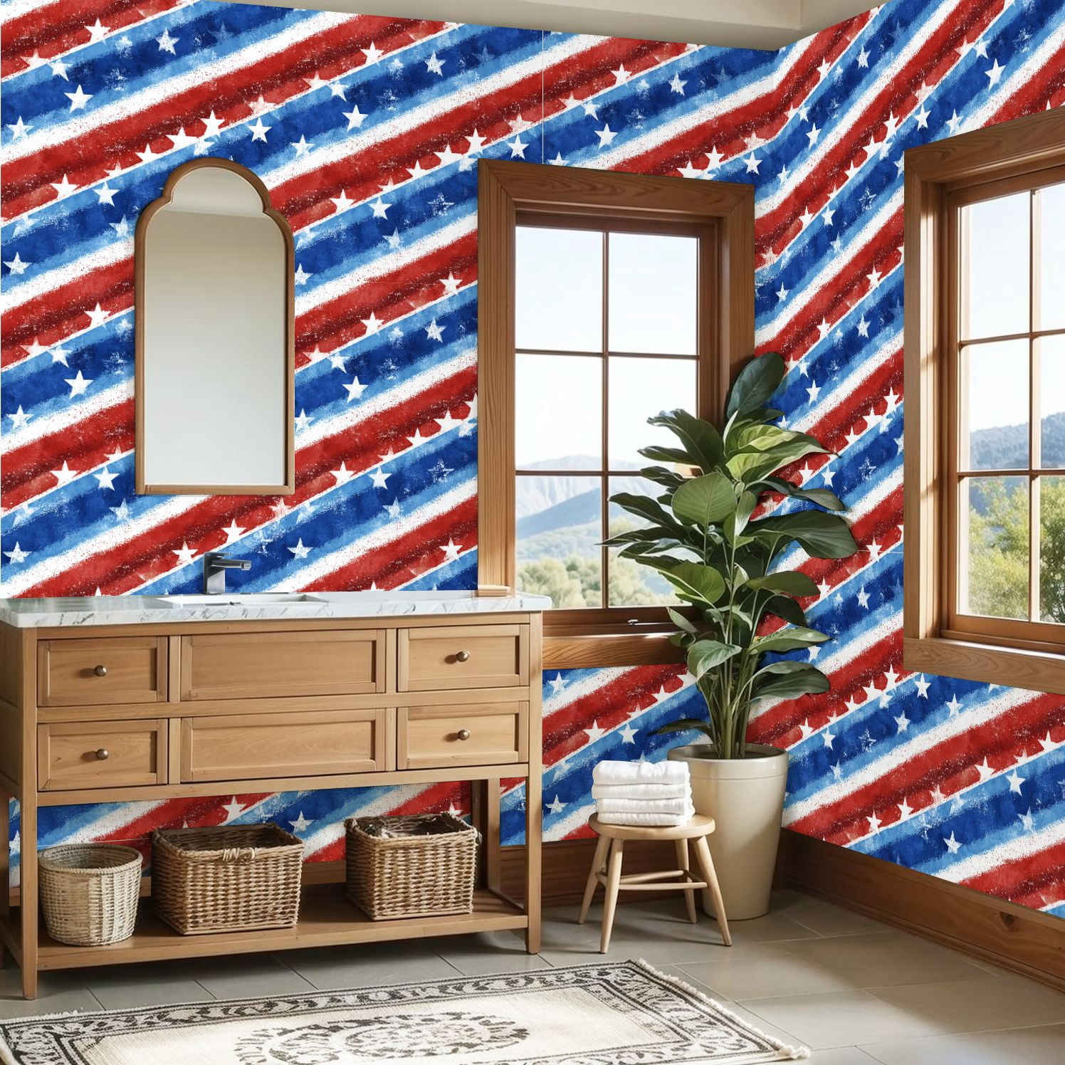 Peel and Stick Wallpaper flag watercolor seamless American national holiday Wall Mural 23.6in x 9.8ft Self Adhesive Removable Wall Paper Renter Friendly Wallpaper for Bedroom Bathroom
