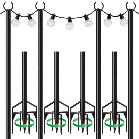 String Light Poles 4 Pack, Heavy Duty Outdoor Light Poles with Upgraded 5-Prong Base, Anti-Bending Stable Design for Backyard Patio Garden Wedding Party Decoration.