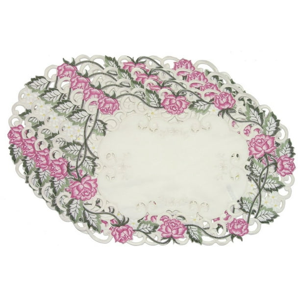 Pink Rose Embroidered Oval Placemats, Set of 4, Approximate size 11" x