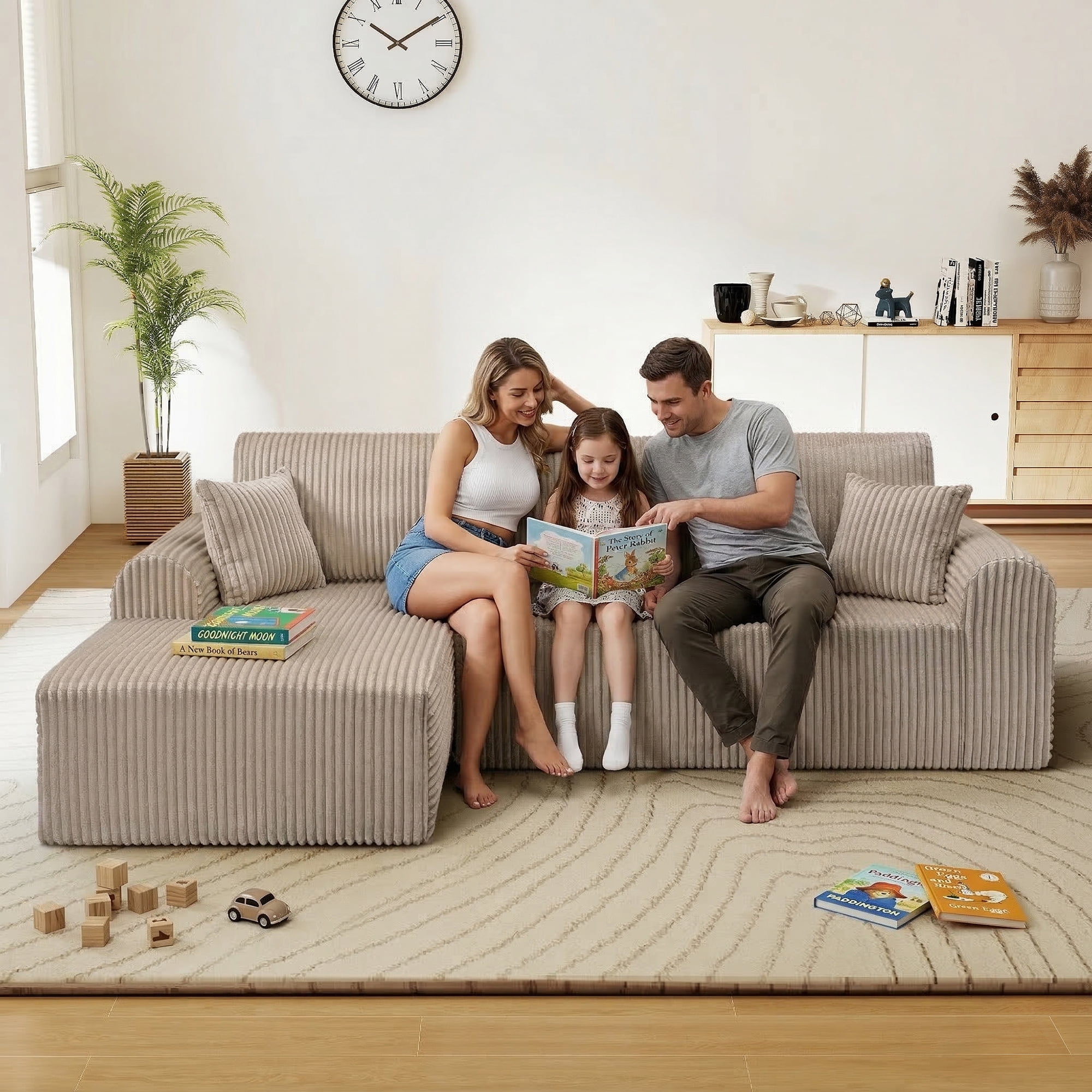Aukfa 109" Modular Cloud Sectional Sofa with L-Shape Chaise, Corduroy Upholstered Deep Seat Couch, Left Facing Chaise, No Assembly Boneless Sofa for Living Room/Bedroom/Apartment, Camel