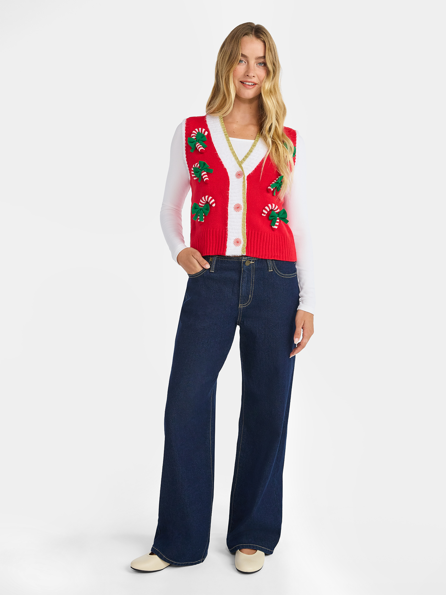 No Boundaries V-Neck Button Front Christmas Vest, Women’s