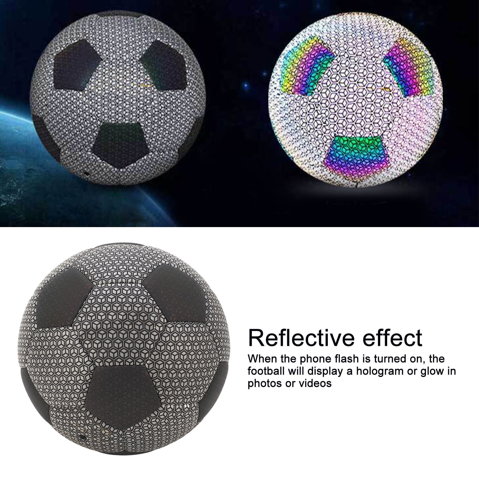 Yajisi Holographic Reflective Luminous Soccer Ball Size 5, PU Machine Stitched Glowing Night Football for Outdoor and Indoor Game Training, 7.87 inches / 20 cm